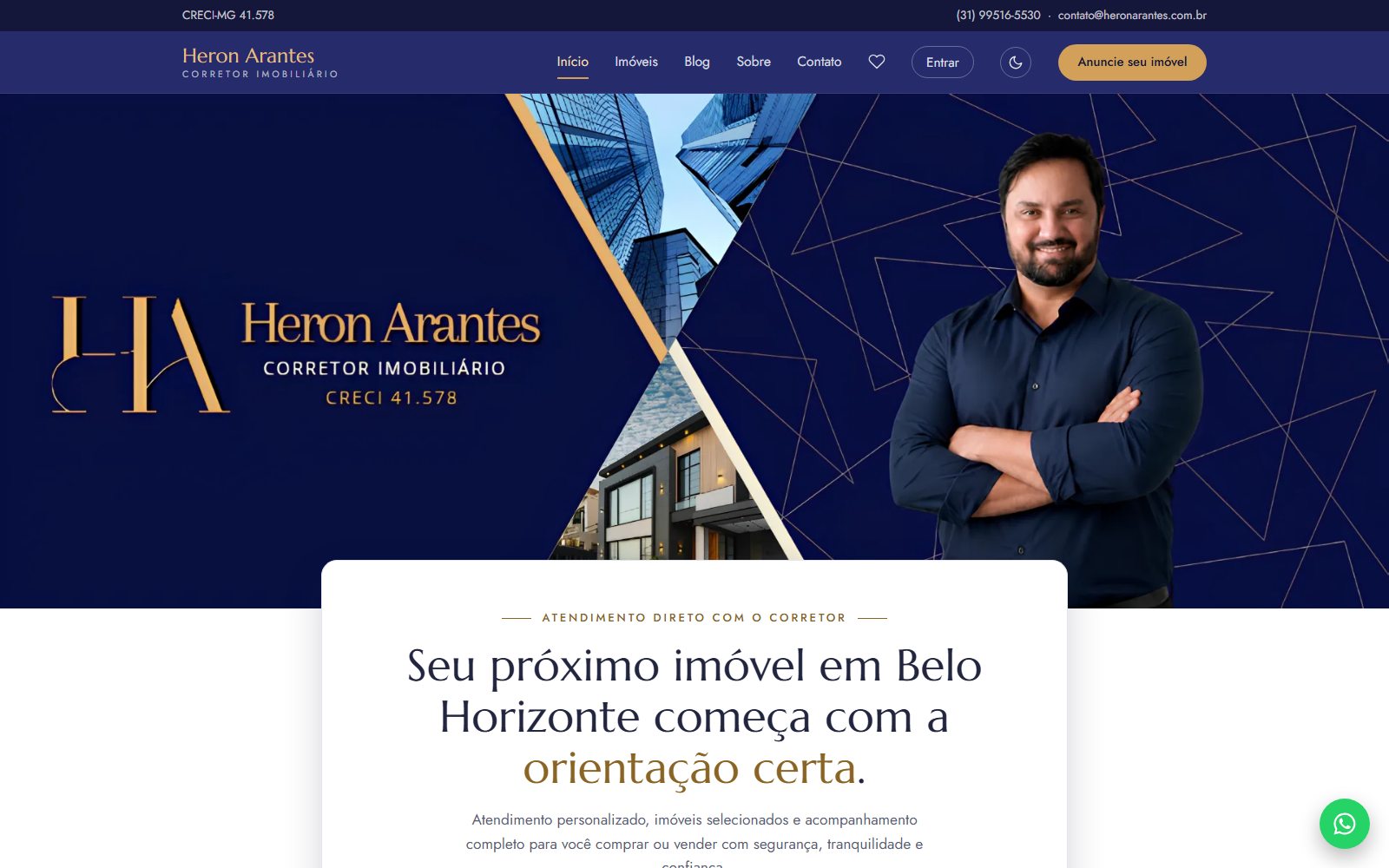 Página inicial do site heronarantes.com.br, com busca de imóveis e identidade em azul e dourado